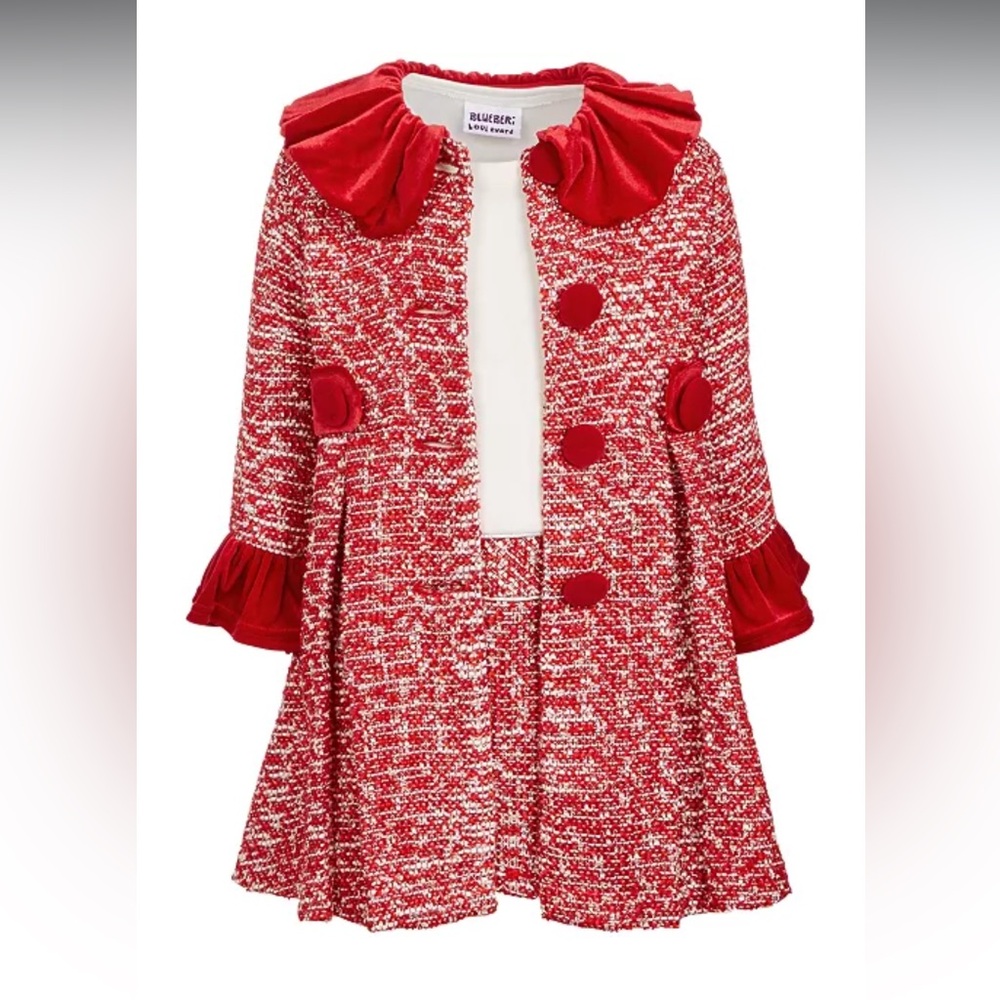 Like New Blueberi Boulevard Red Tweed Coat with Velvet Accents and Dress Set